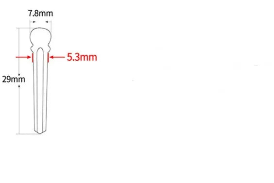 Six matt black ebony guitar string nails for folk acoustic guitars on a white background.