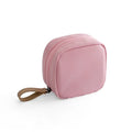 Blue cloth cube makeup storage bag with plain pattern, open to show space inside