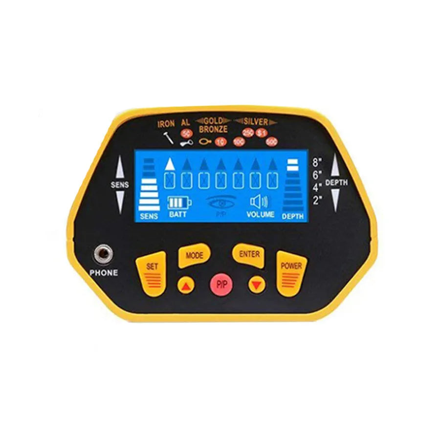 Black and yellow GC1028 professional metal detector with LCD display and waterproof search coil