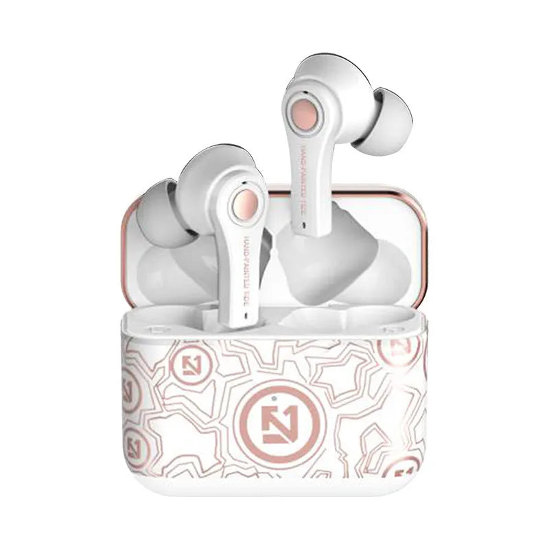 Black and white wireless Bluetooth headset showing head-mounted design