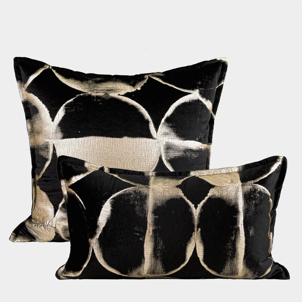 Black gold abstract flannel pillow with bronzed full moon pattern available in square and waist sizes