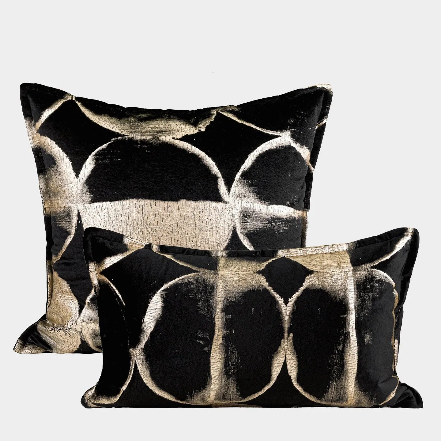 Black gold abstract flannel pillow with bronzed full moon pattern available in square and waist sizes