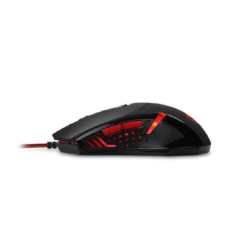Black and red USB wired optical computer mouse on a desktop