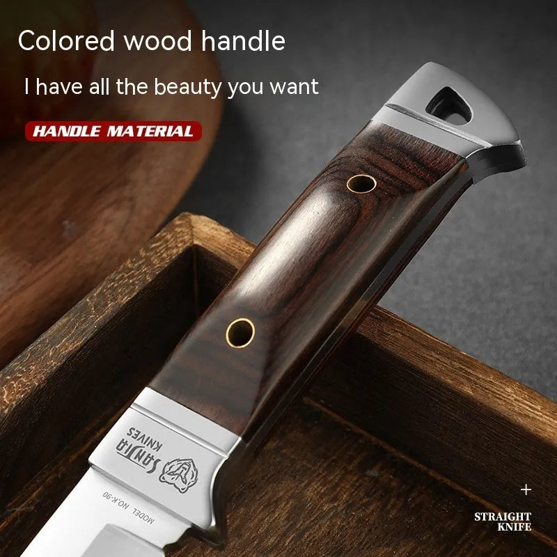 Camping stainless steel fruit knife with national style design in leather case