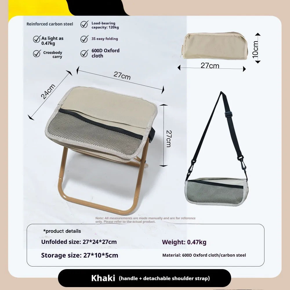 Folding camp chair stool in Oxford cloth fabric showing pencil box design and colour options