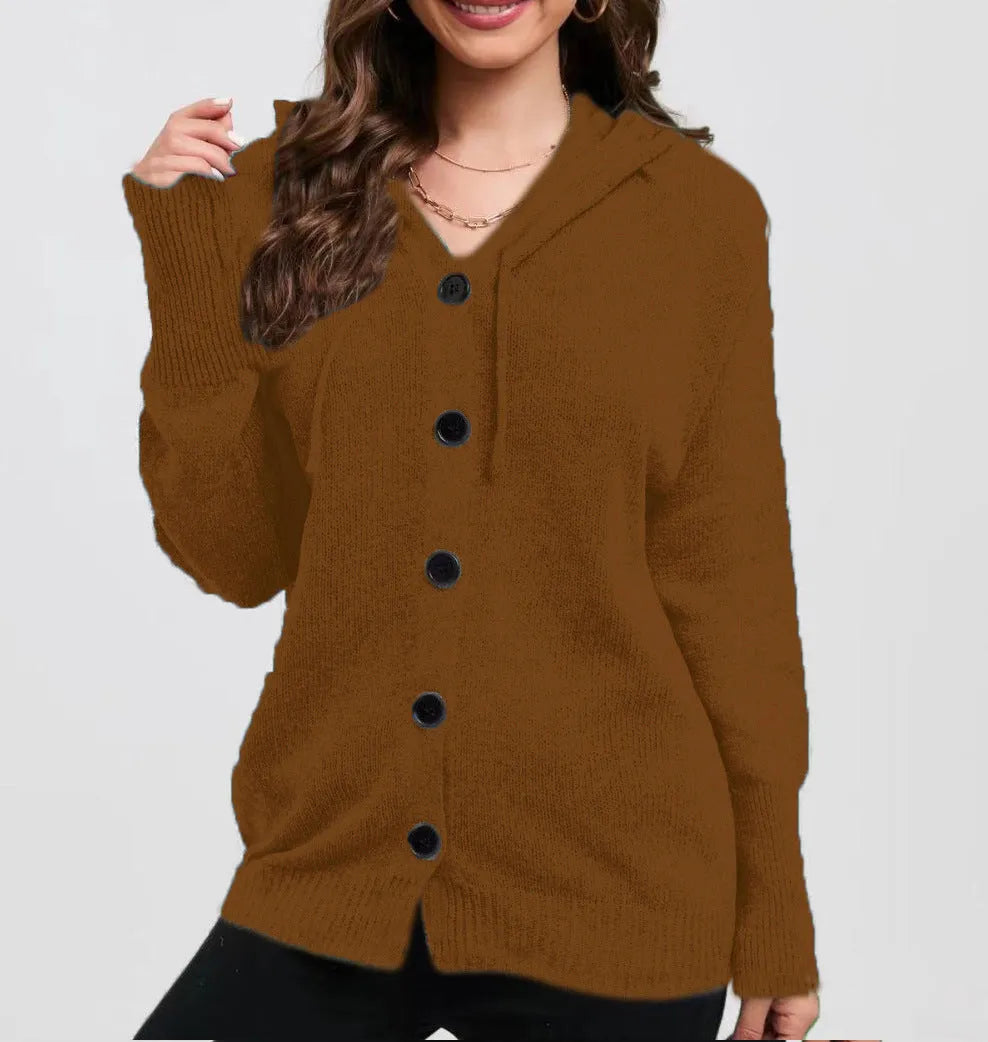 Women's thick cotton hooded cardigan sweater in loose fit with solid colour