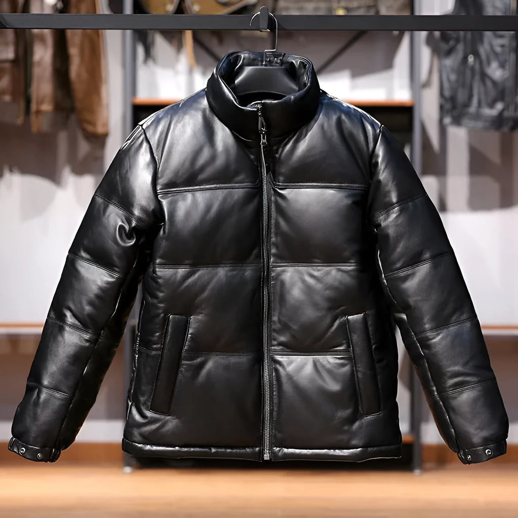 Men's black stand collar sheepskin down leather jacket with white duck down filling, pocket decoration, and cashmere fabric