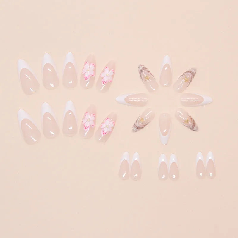 French style fake nails set with rock pattern patch and simple flower artwork in colour W1764