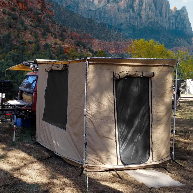 Camping tent with aluminium poles and camouflage styling showing two bedroom layout