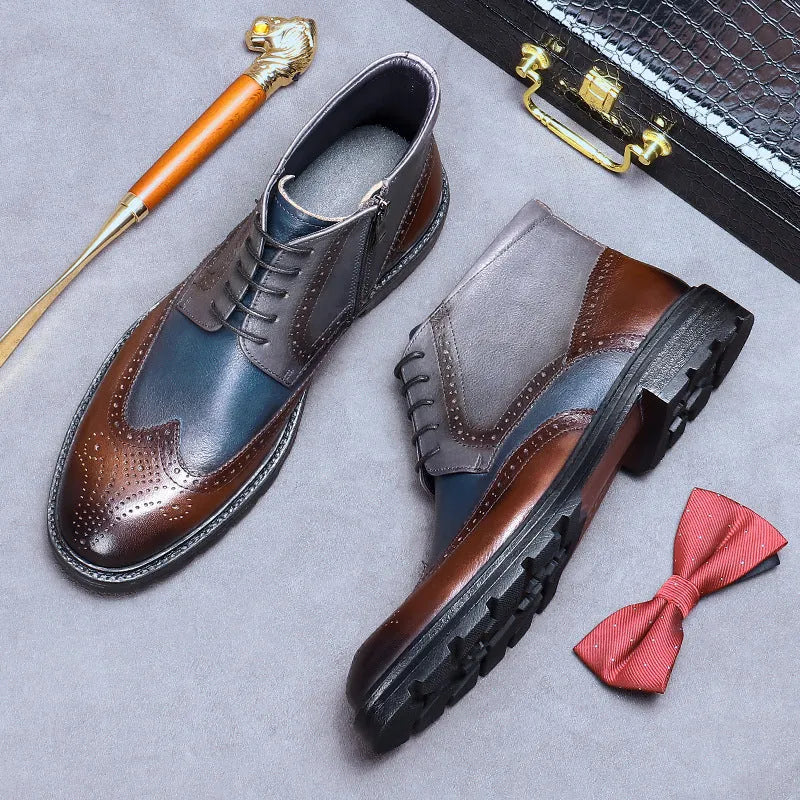 Men's curry blue and coffee blue cowhide leather brogue boots with round toe and front lacing