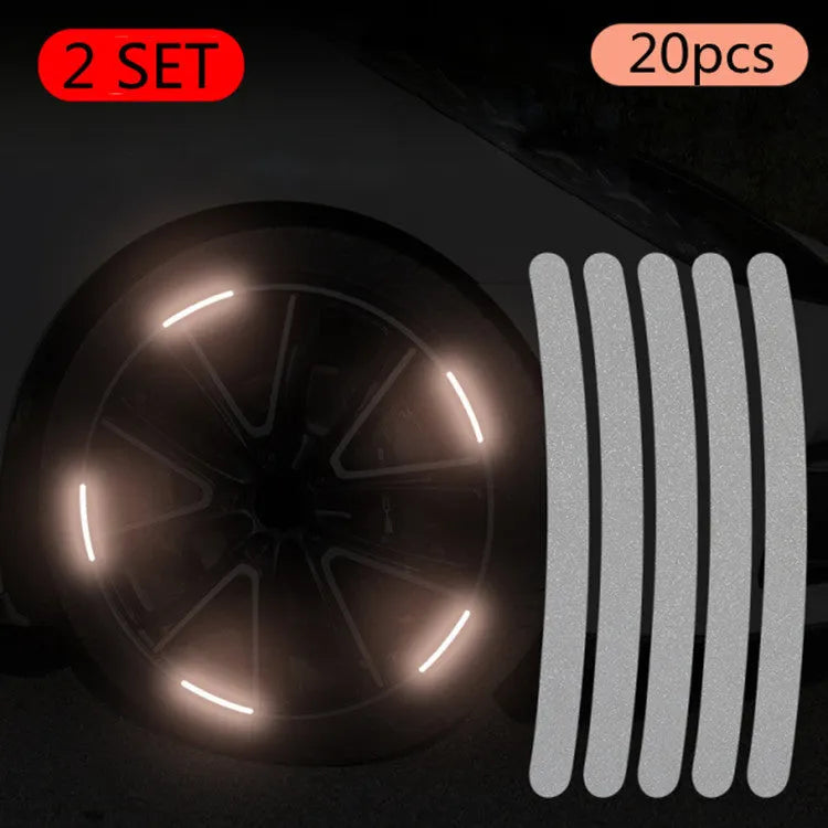Pack of 20 arc-shaped reflective PVC stickers for car wheel hubs in various colour options