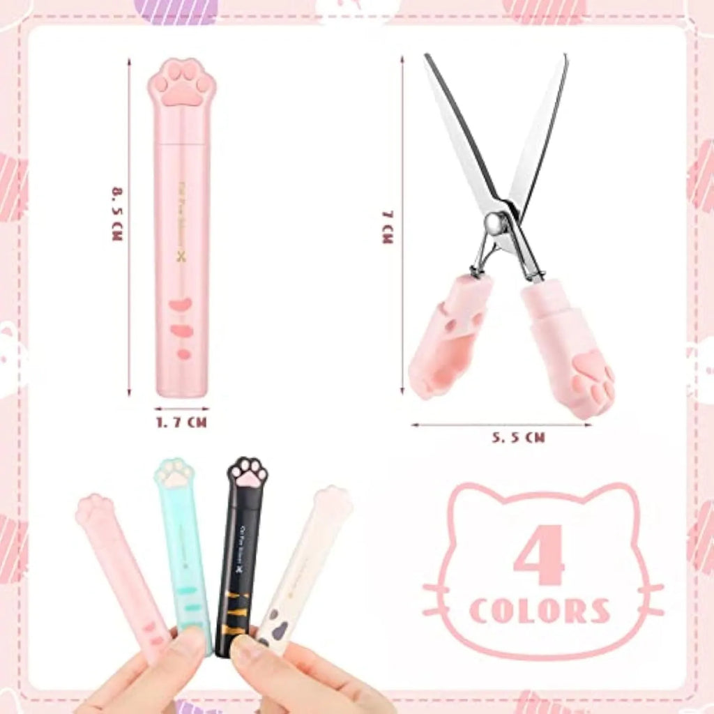 Closed cat paw mini folding scissors showing stainless steel blades and coloured handles.