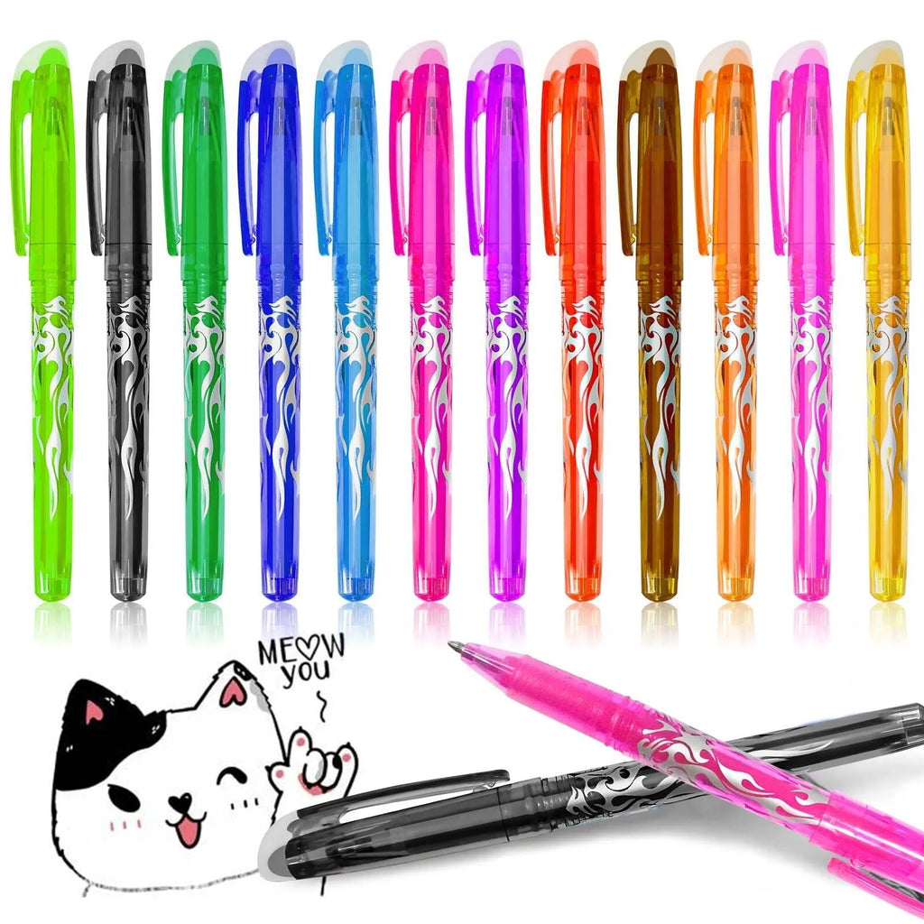 Set of heat-erasable gel pens with plastic shells and stainless steel nibs, showing 0.5mm and 0.7mm tip options.