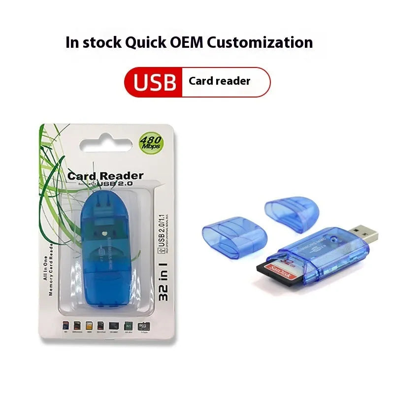 Transparent USB card reader with LED light showing internal components and memory card slots