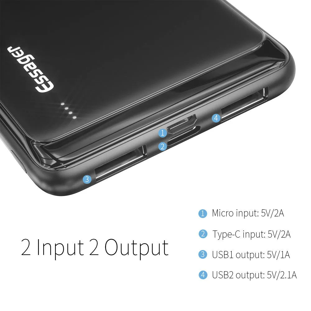 Essager Small Jane black and white 10000mAh portable power bank with dual USB ports and LED indicators.