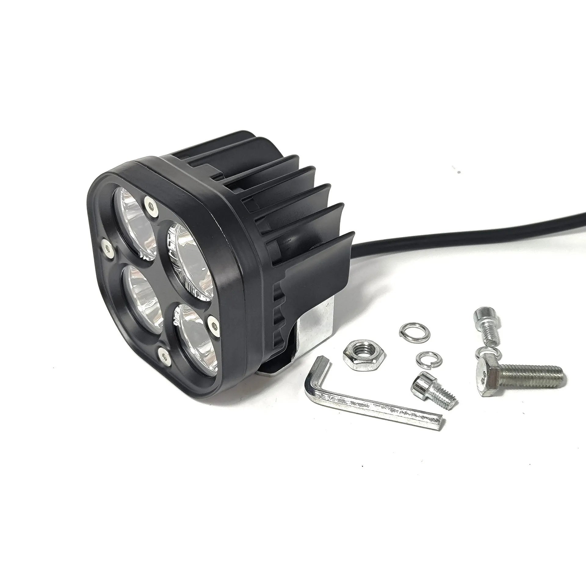 Four-leaf clover style motorcycle spotlight with aluminium base plate.