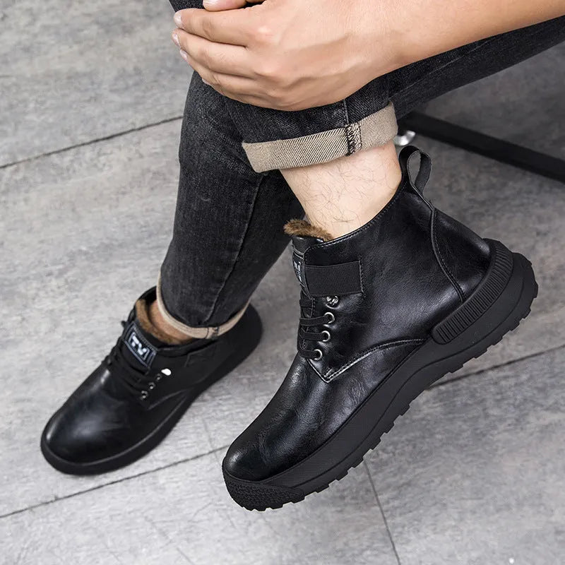 Men's black and brown Martin platform boots with high-top design and artificial PU upper
