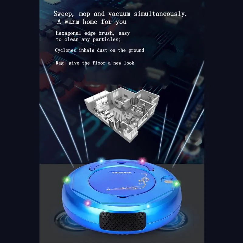Lazy Smart robot vacuum cleaner in blue, black, or white on a hard floor