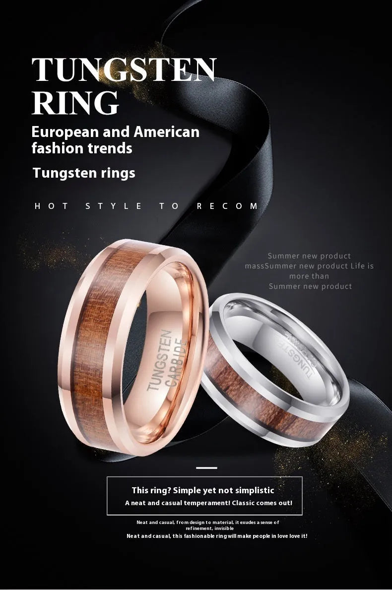 Men's tungsten ring with 8mm wide band featuring wood and leather inlay, shown in rose gold finish.