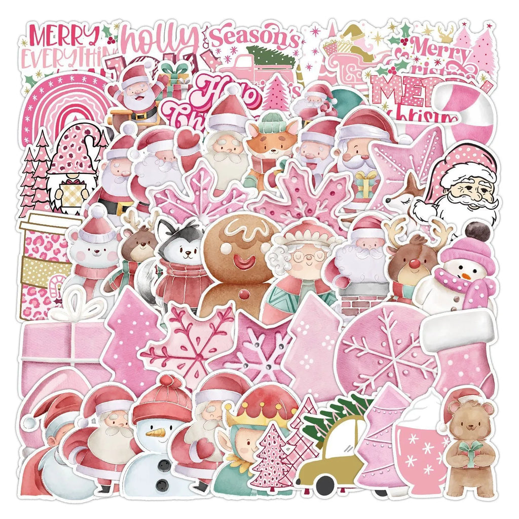 Assortment of 50 cute Christmas themed waterproof stickers ranging from 4cm to 8cm in size on a sheet.
