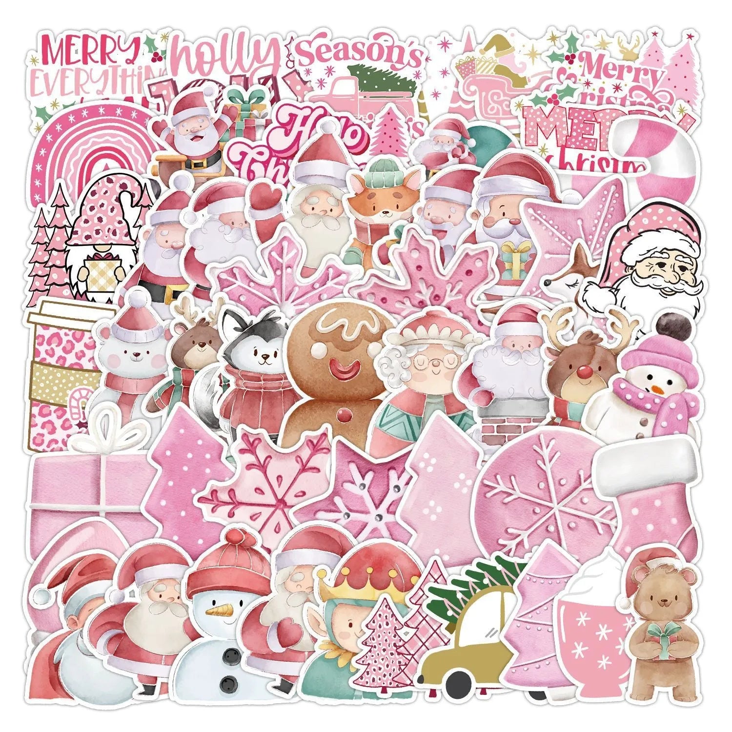 Assortment of 50 cute Christmas themed waterproof stickers ranging from 4cm to 8cm in size on a sheet.