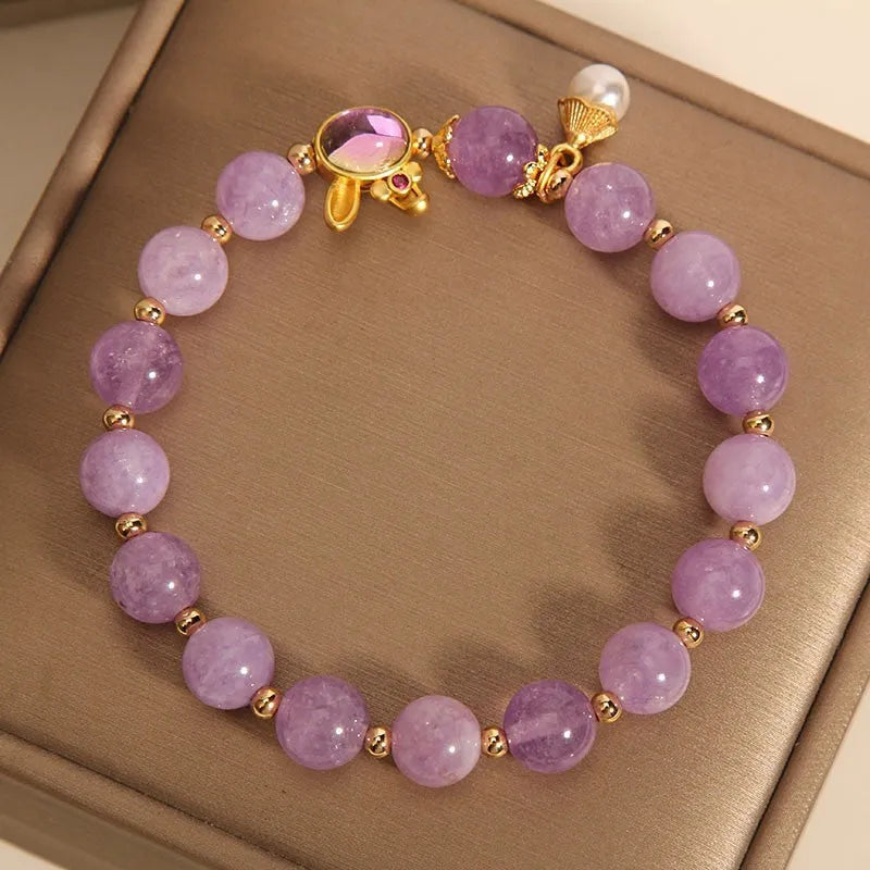 Natural mauve jade crystal rabbit bracelet with hare head charm on crystal beads, mori style, 18cm length
