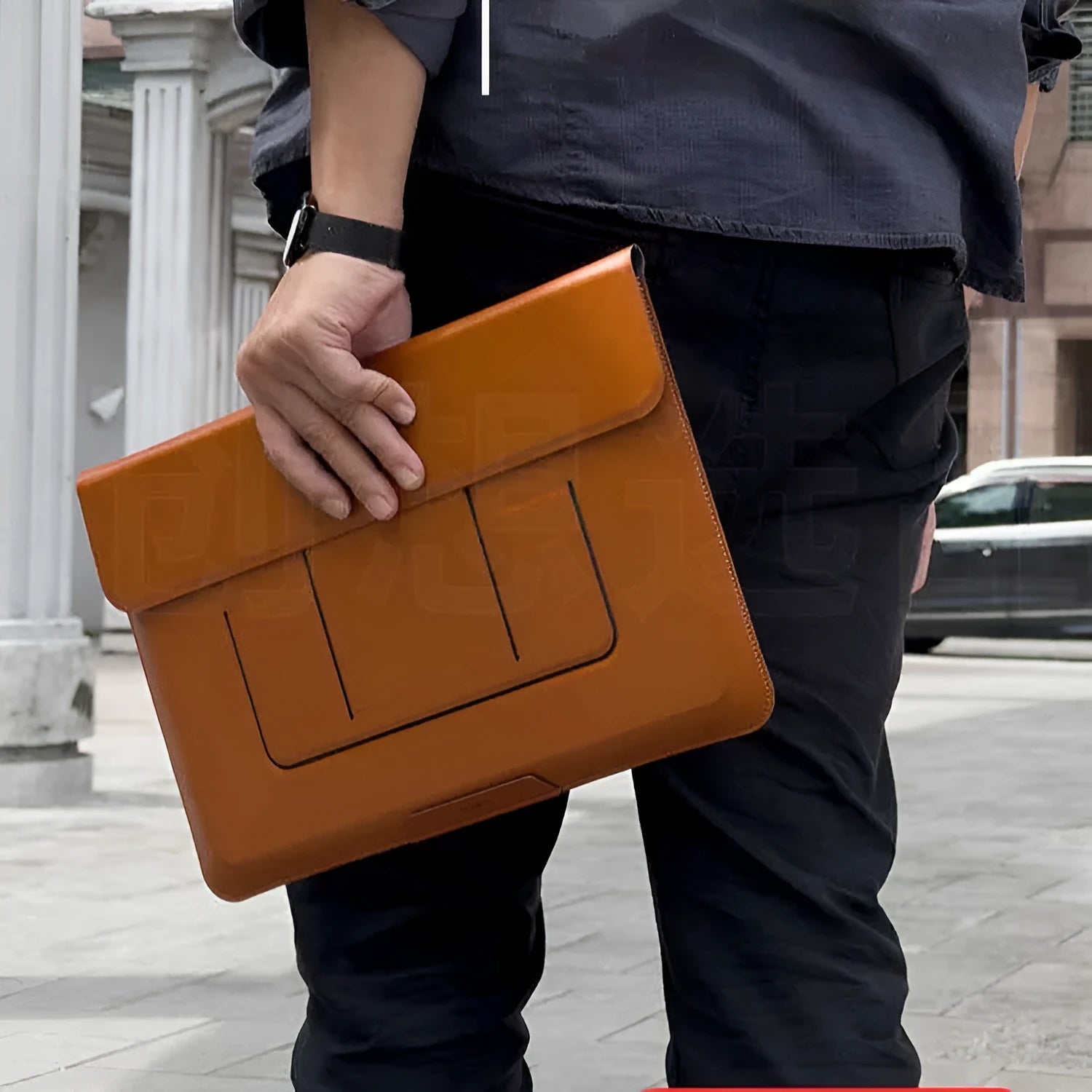 Brown and black 13.3-inch laptop bracket bag with integrated dual-angle design and separate bag holder