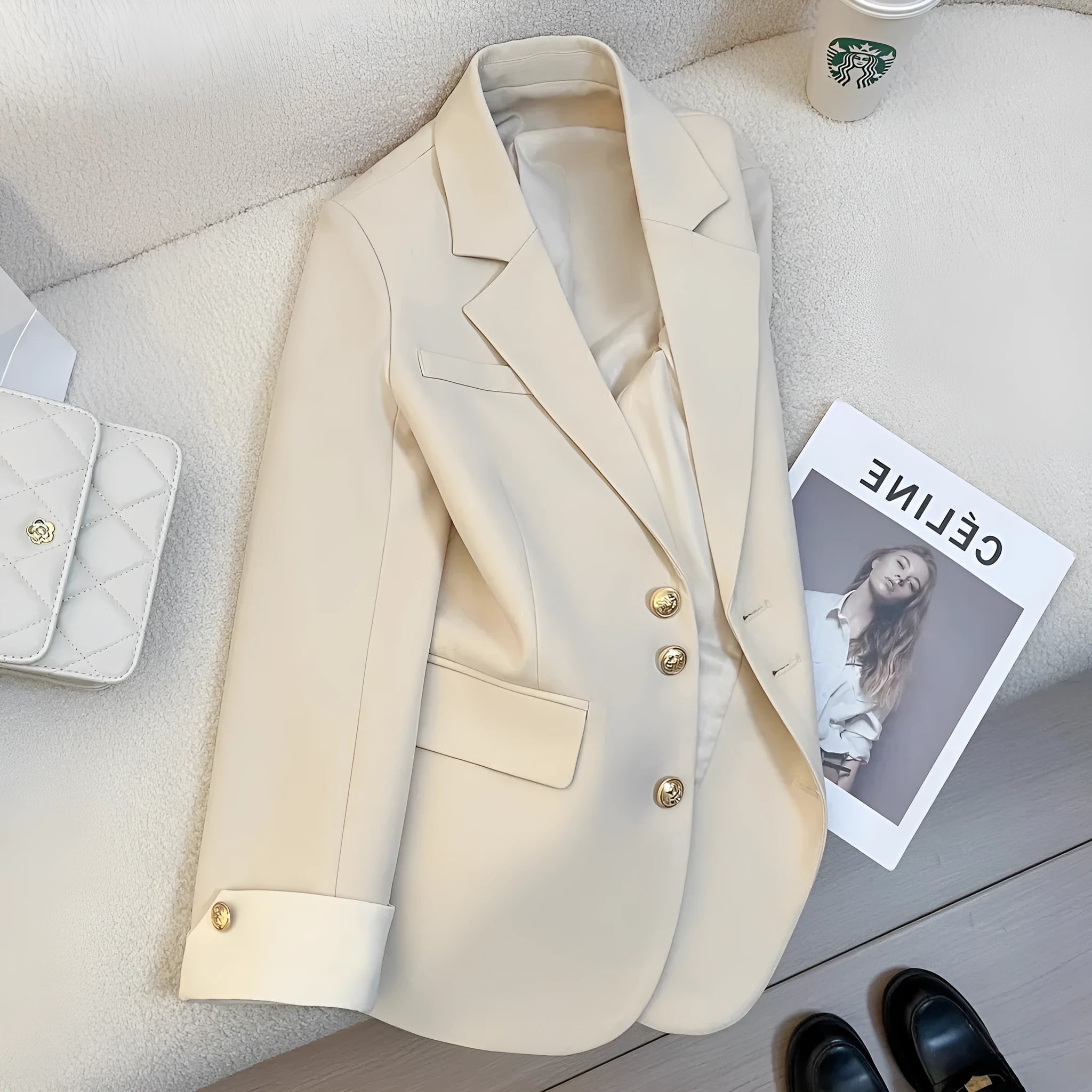 Women's loose fit mid-length trench coat in milky white, Korean style with pockets.