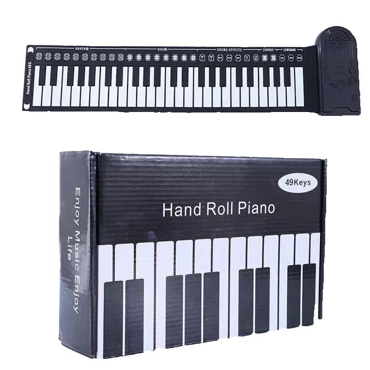 Folding electronic keyboard with 49 keys in pearl white colour, shown both rolled and unrolled