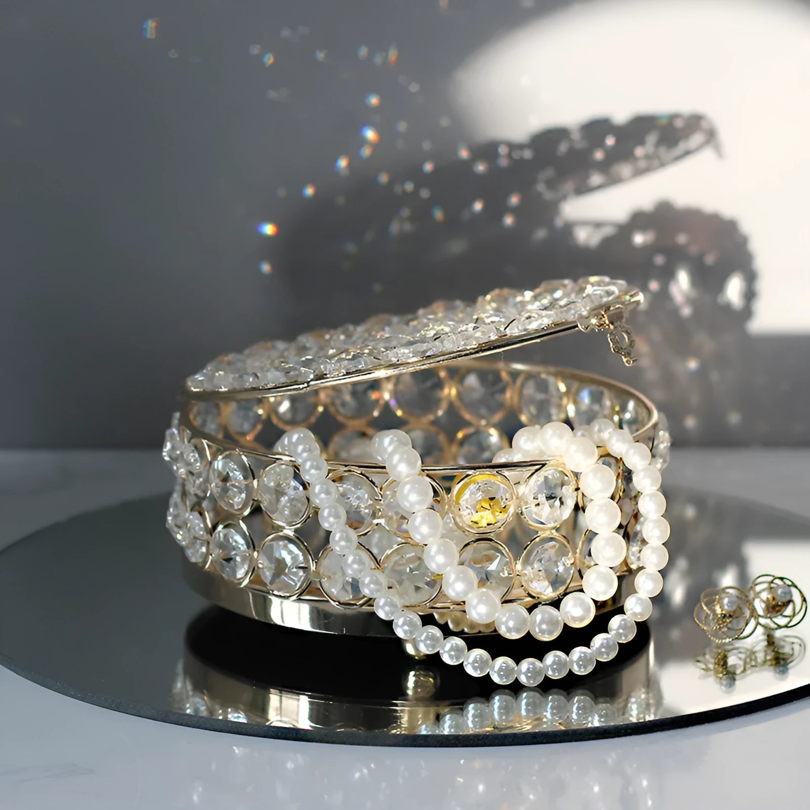 Crystal glass transparent jewellery storage box with French gold metal frame and European-style design