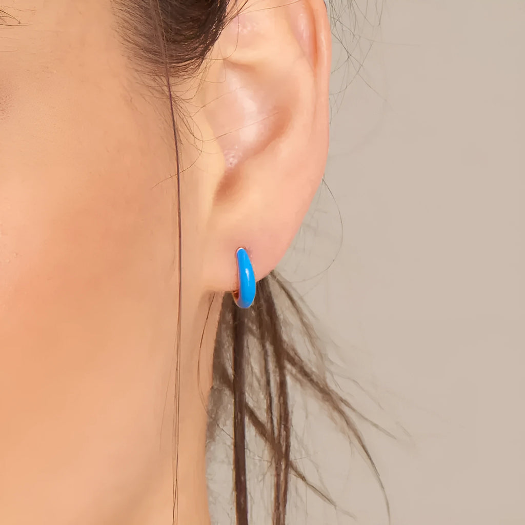 Geometric U-shaped oval curved earrings with colourful dripping oil epoxy resin finish on silver-plated copper.