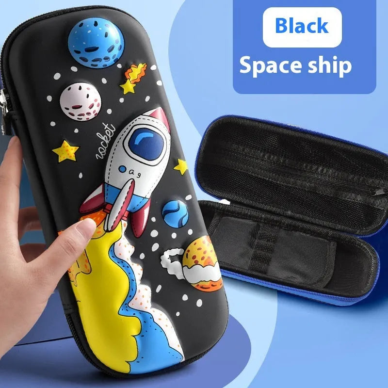3D leather pencil case with decorative design options including astronauts, dinosaurs and mermaids