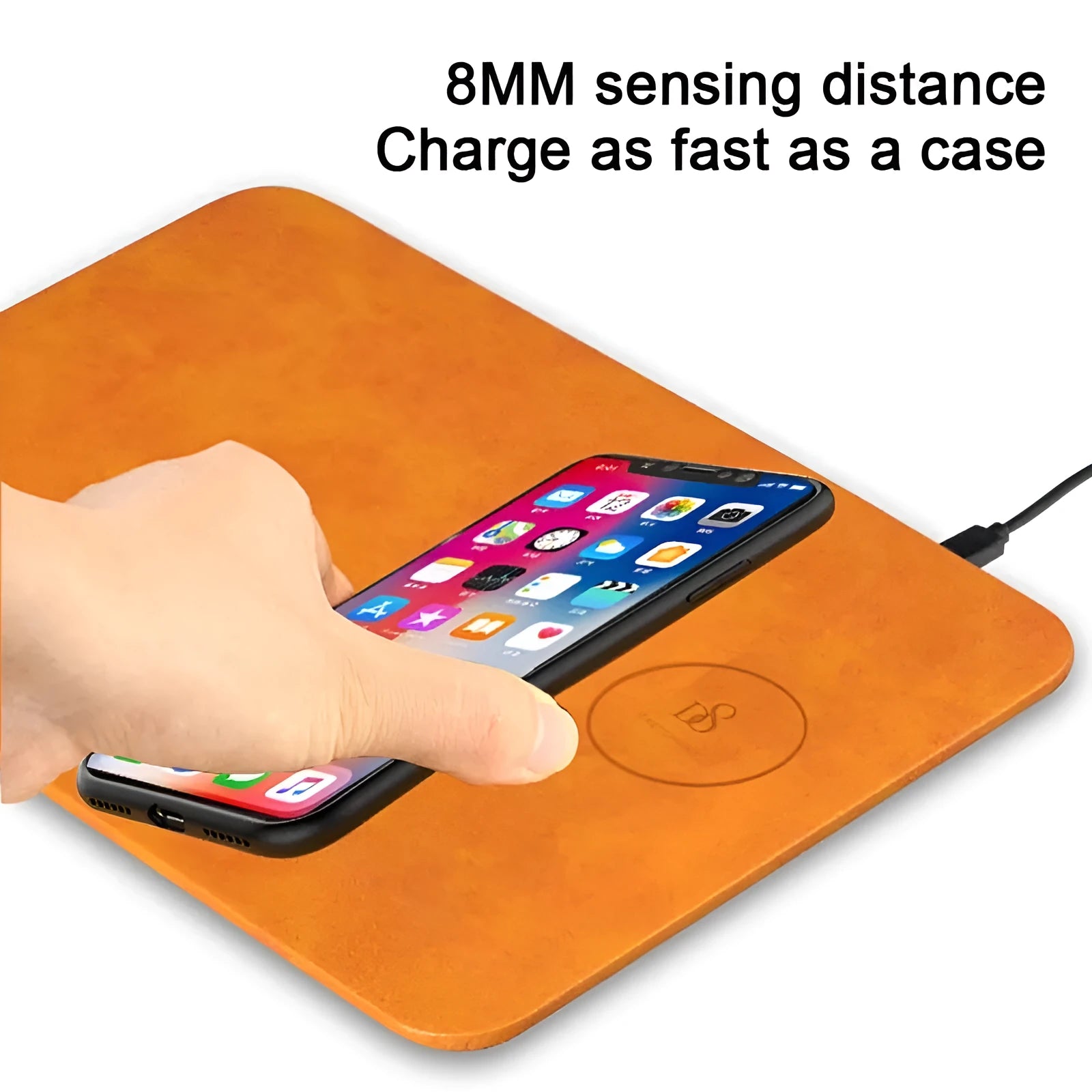 Brown leather wireless charging mouse pad with Qi fast charging capability