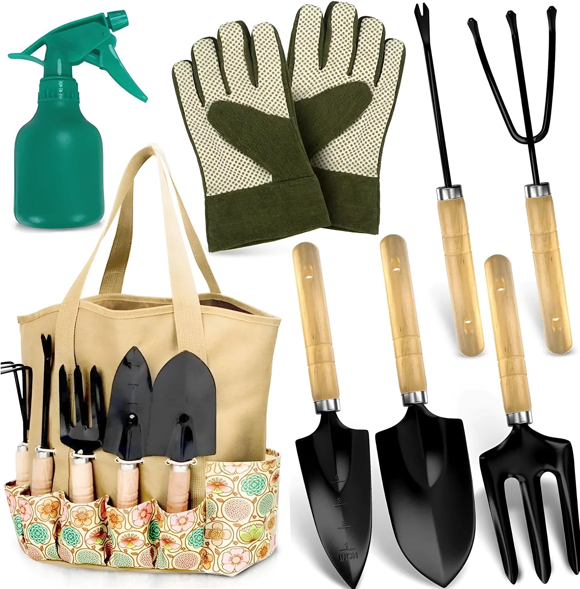 Eight-piece stainless steel gardening tool set including trowel, weeder, and cultivator