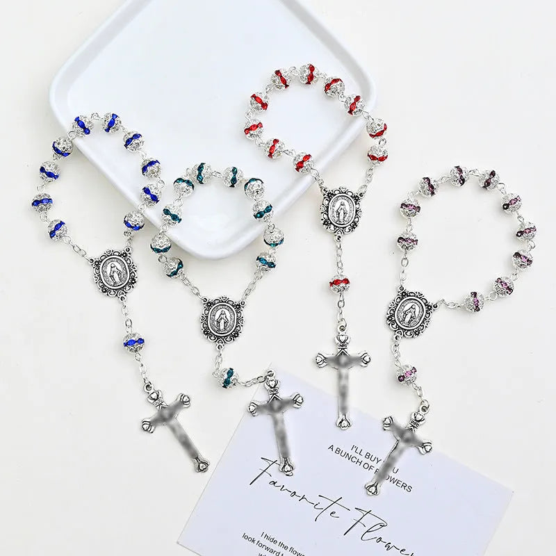 Virgin Mary cross shaped glass and alloy car hanging ornament with ball bead chain