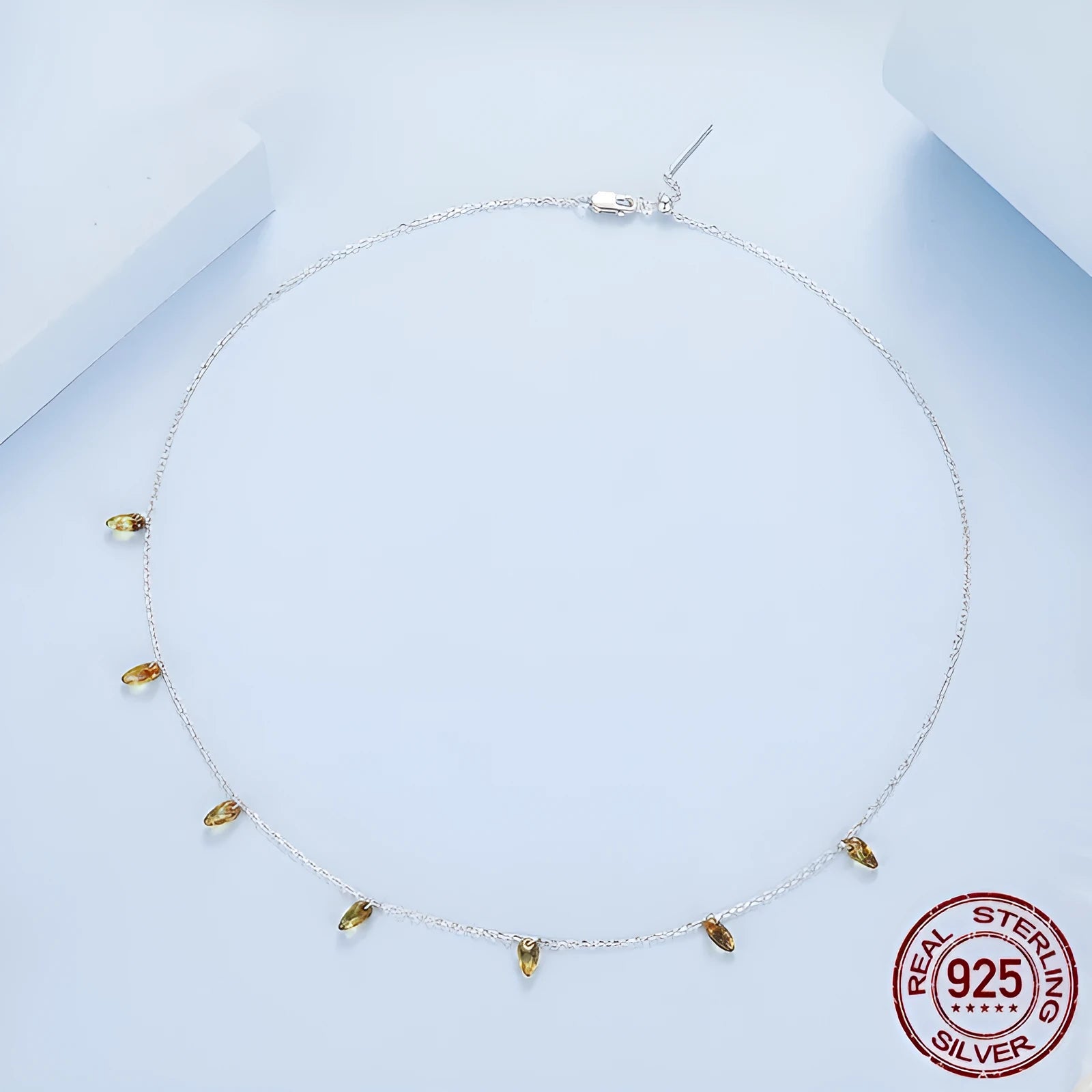 Retro style S925 sterling silver necklace with amber tassel pendant and O-shaped chain, colour BSN432
