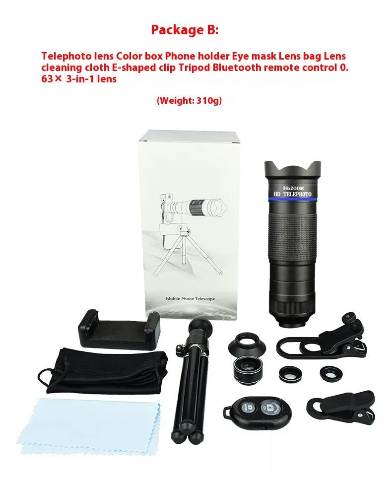 36x telephoto lens set for mobile phone external camera with monocular structure