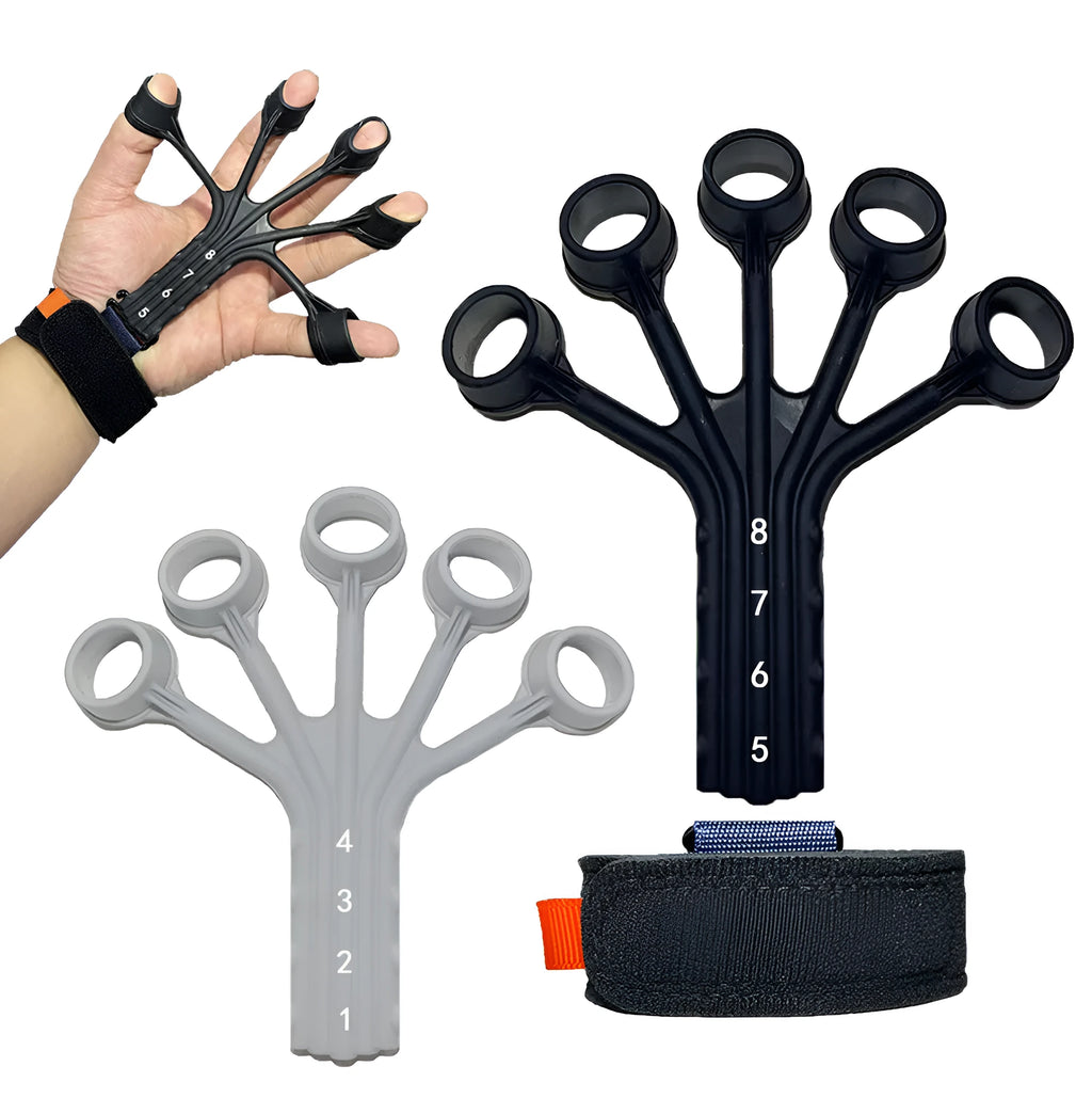 Black silicone finger flexion extension trainer with adjustable tension belt for hand rehabilitation