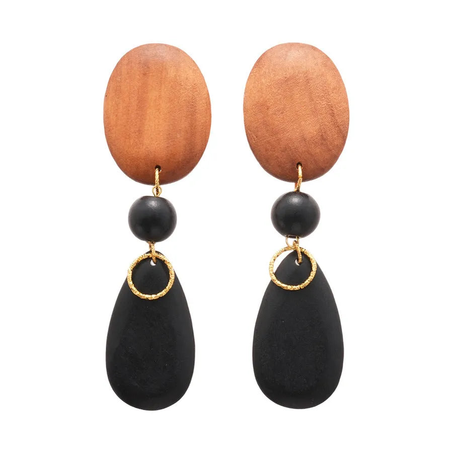 Handmade wooden retro earrings with elliptical design in silver-brown-black colours