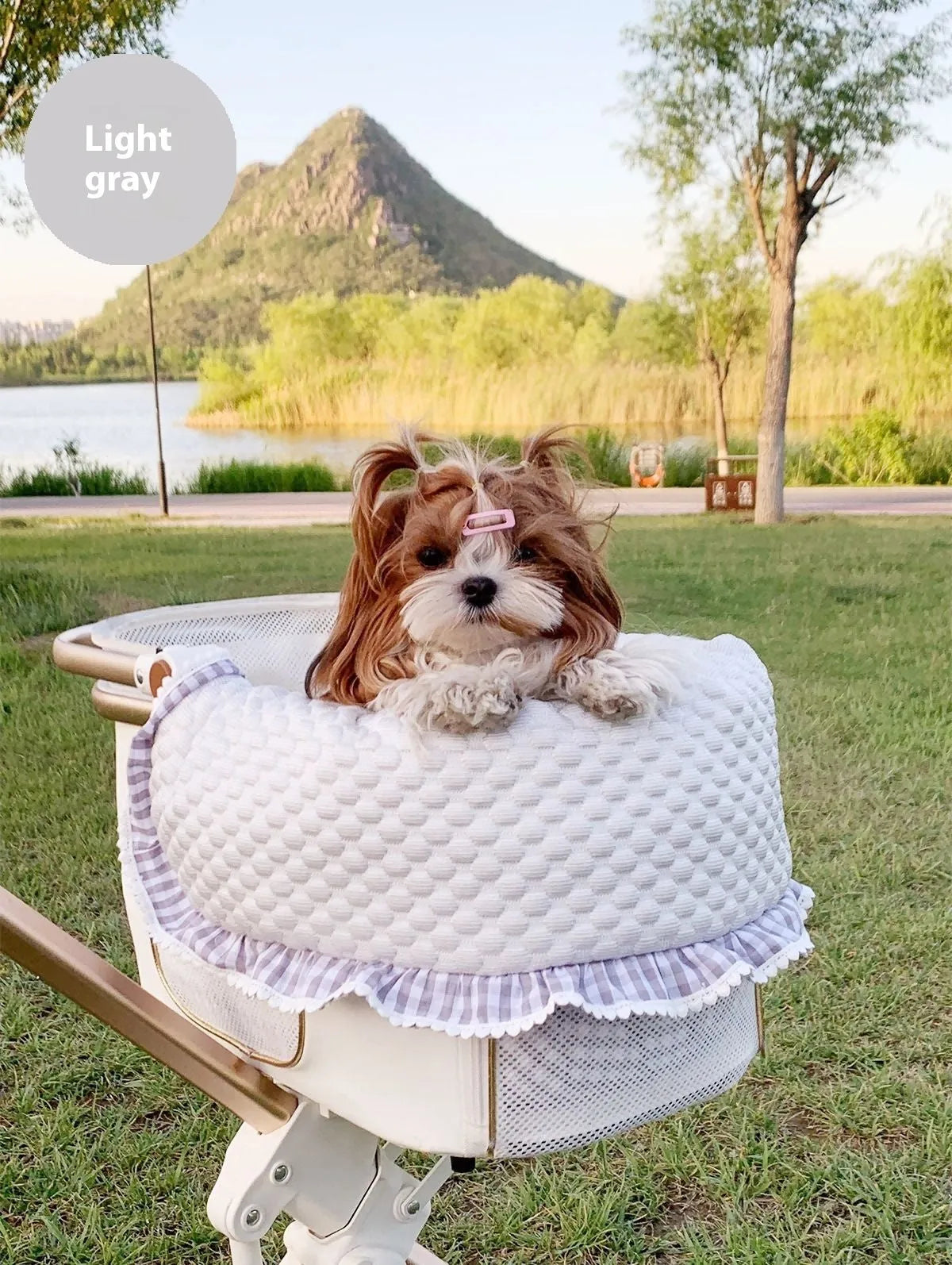 Pet stroller accessory set showing cushion, pillow and anti-dirty towel in assorted colour patterns