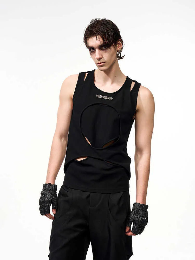 Men's black sleeveless waistcoat with hollow thread design and round neck collar