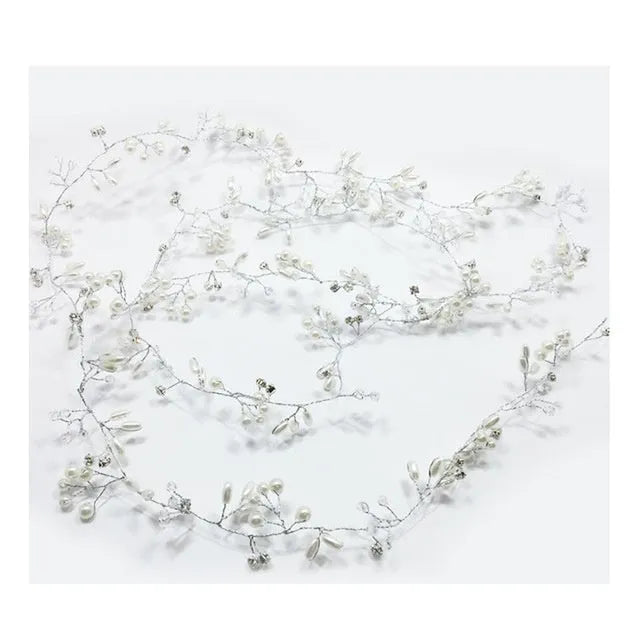 Bride's long hair band with pearls and crystals in silver, gold, and rose gold colour options.