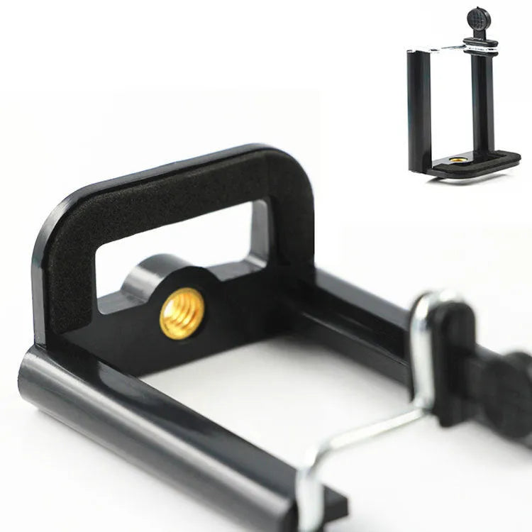 Black plastic U-clip mobile phone bracket mounted on a hose with phone secured in holder
