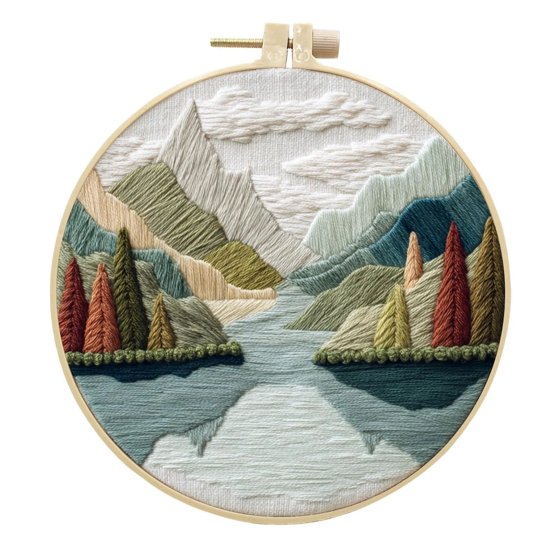 Embroidery DIY kit with landscape printed fabric, bamboo frame, thread, and needles for handmade cloth art