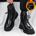 Men's black leather mid-top British-style tide boots with flat rubber soles