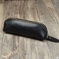 Handmade square leather pencil case with zipper in black, brown, dark brown, or yellow.