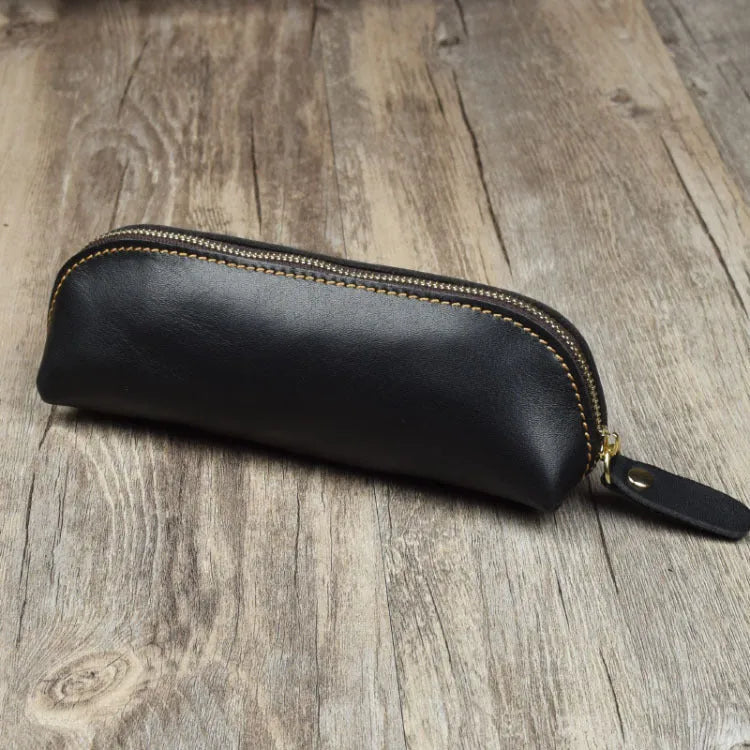 Handmade square leather pencil case with zipper in black, brown, dark brown, or yellow.