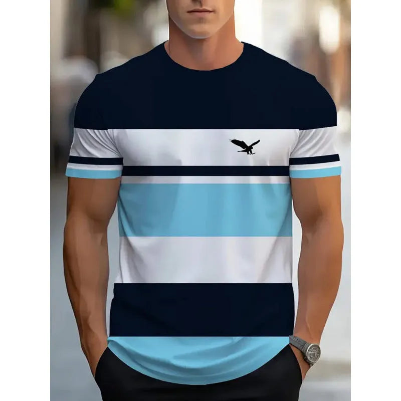 Men's striped short-sleeve T-shirt with digital 3D printing in loose business casual style