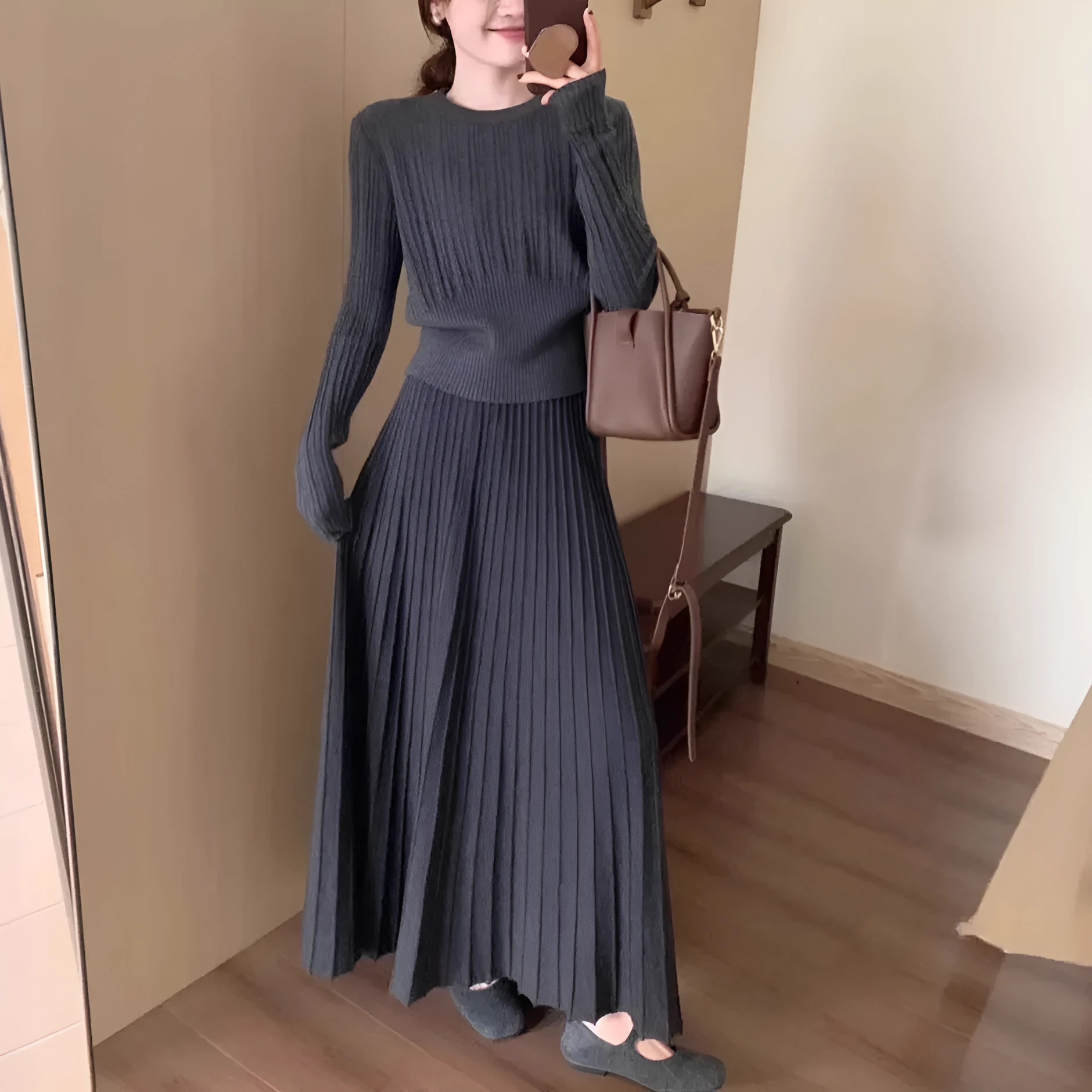 Women's dark grey knitted long dress suit set with 3D pattern, featuring a sweater and skirt in artistic retro style.