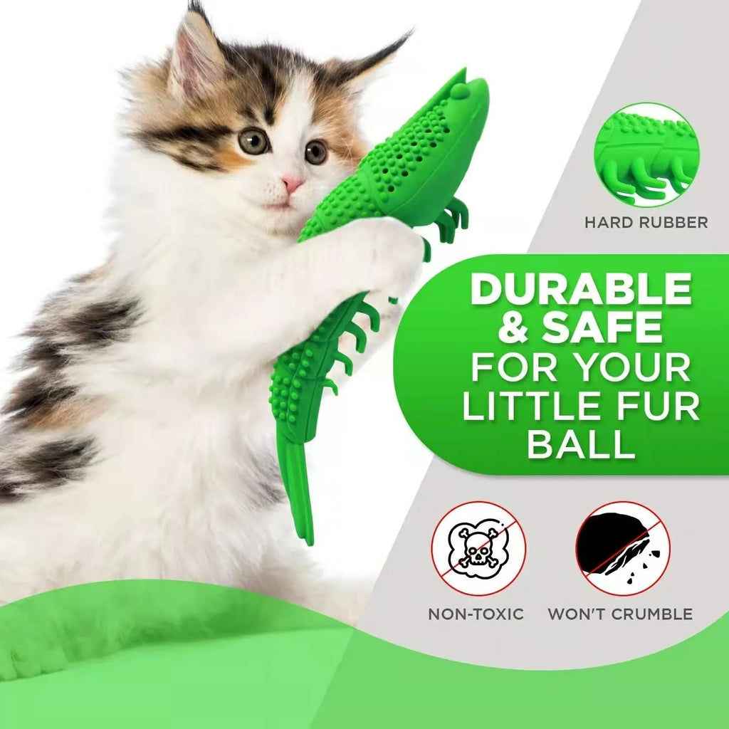 Blue hard rubber cat toy with 360-degree textured surface for teeth cleaning